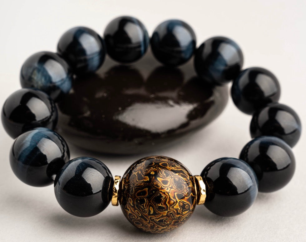 Haha Mojo | Black Gold Lacquer Beads + Blue Lightning Pattern Tiger Eye Stone Bracelet