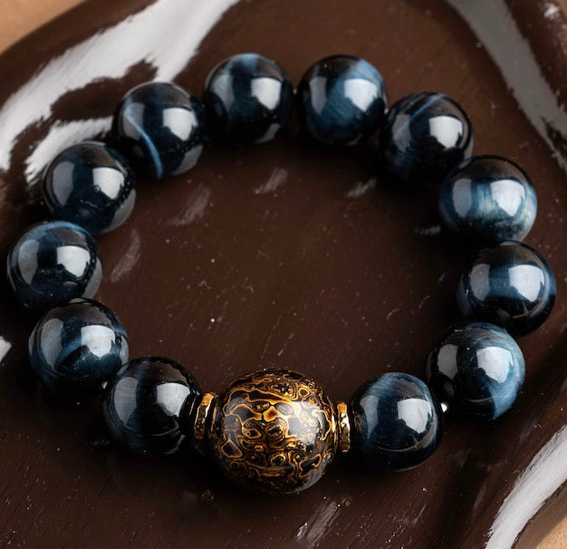 Haha Mojo | Black Gold Lacquer Beads + Blue Lightning Pattern Tiger Eye Stone Bracelet