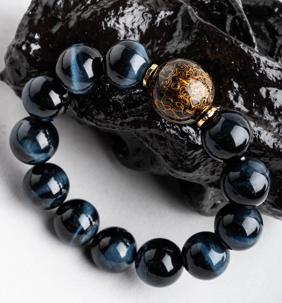 Haha Mojo | Black Gold Lacquer Beads + Blue Lightning Pattern Tiger Eye Stone Bracelet