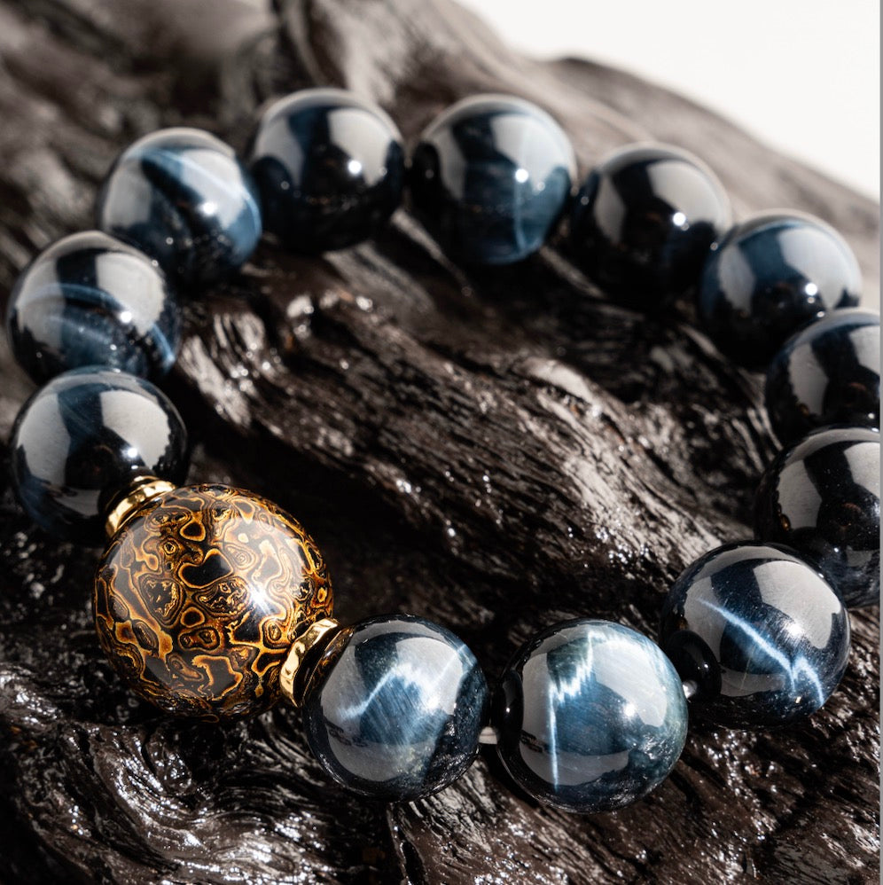 Haha Mojo | Black Gold Lacquer Beads + Blue Lightning Pattern Tiger Eye Stone Bracelet