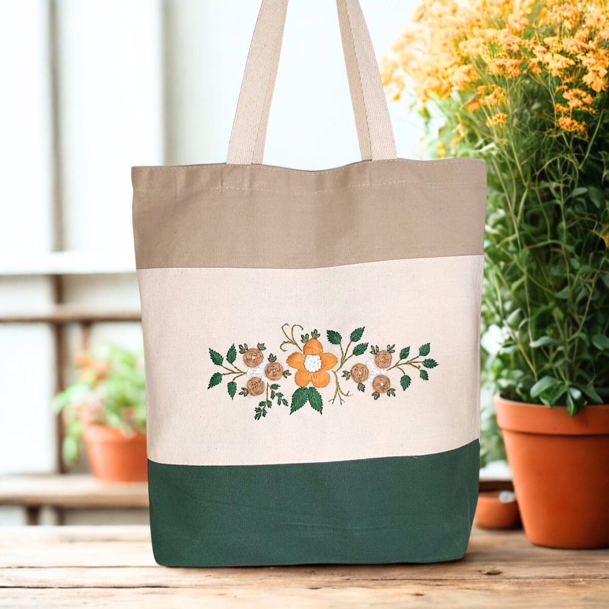Handmade Embroidered Floral Tote Bag