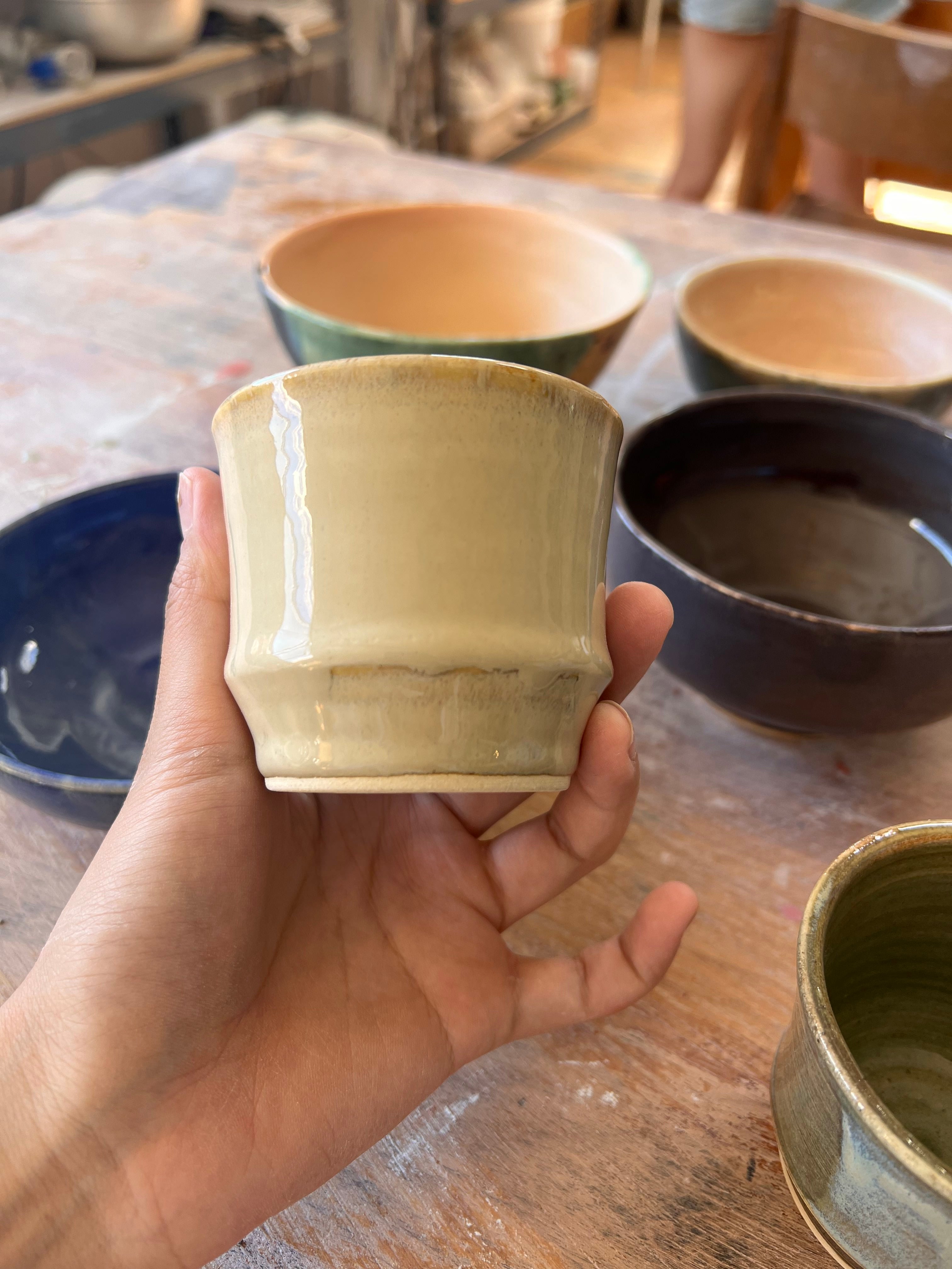 Handmade ceramic tea cup with shadow green and shorebreak glazing 250ml