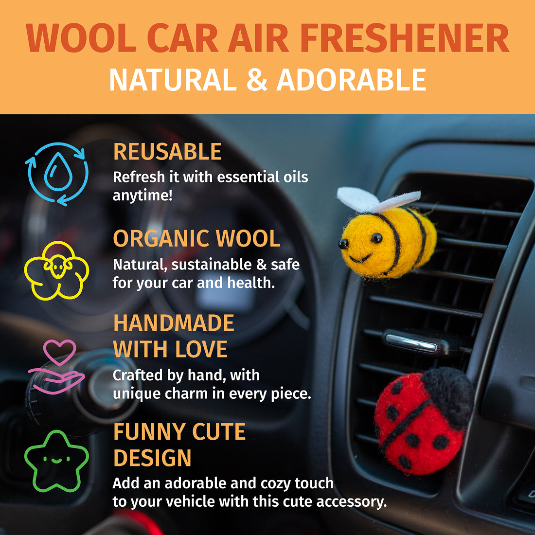 Car Air Vent Clip in the shape of Bee and Ladybug from soft wool felt, vehicle air fresheners. Gift for car owner. 