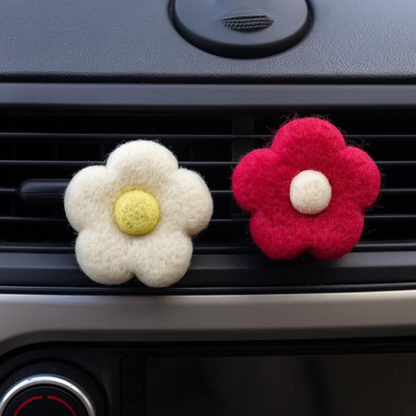Car Air Vent Clip in the shape of felt daisy from soft wool felt, vehicle air fresheners. Gift for car owner. 