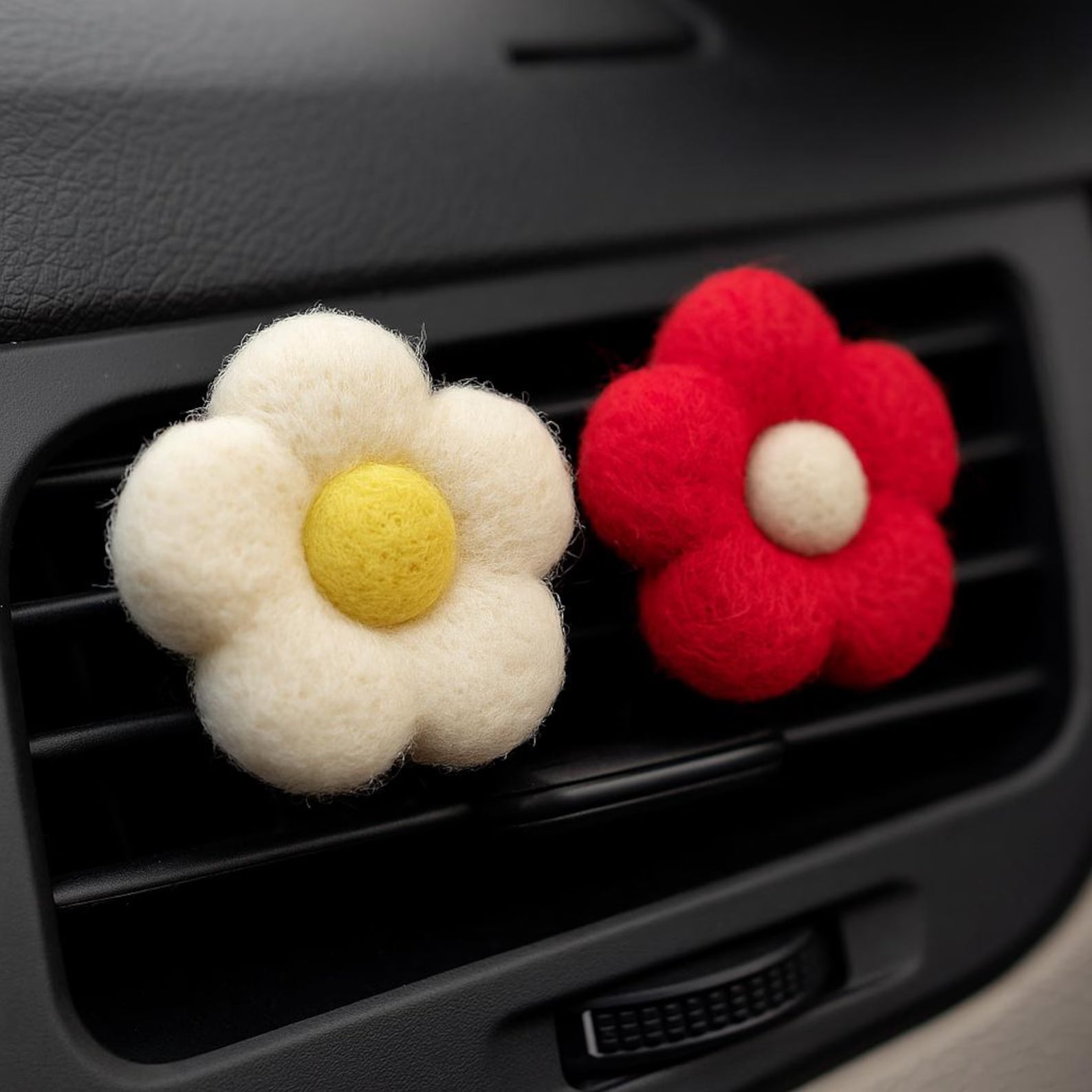 Car Air Vent Clip in the shape of felt daisy from soft wool felt, vehicle air fresheners. Gift for car owner. 