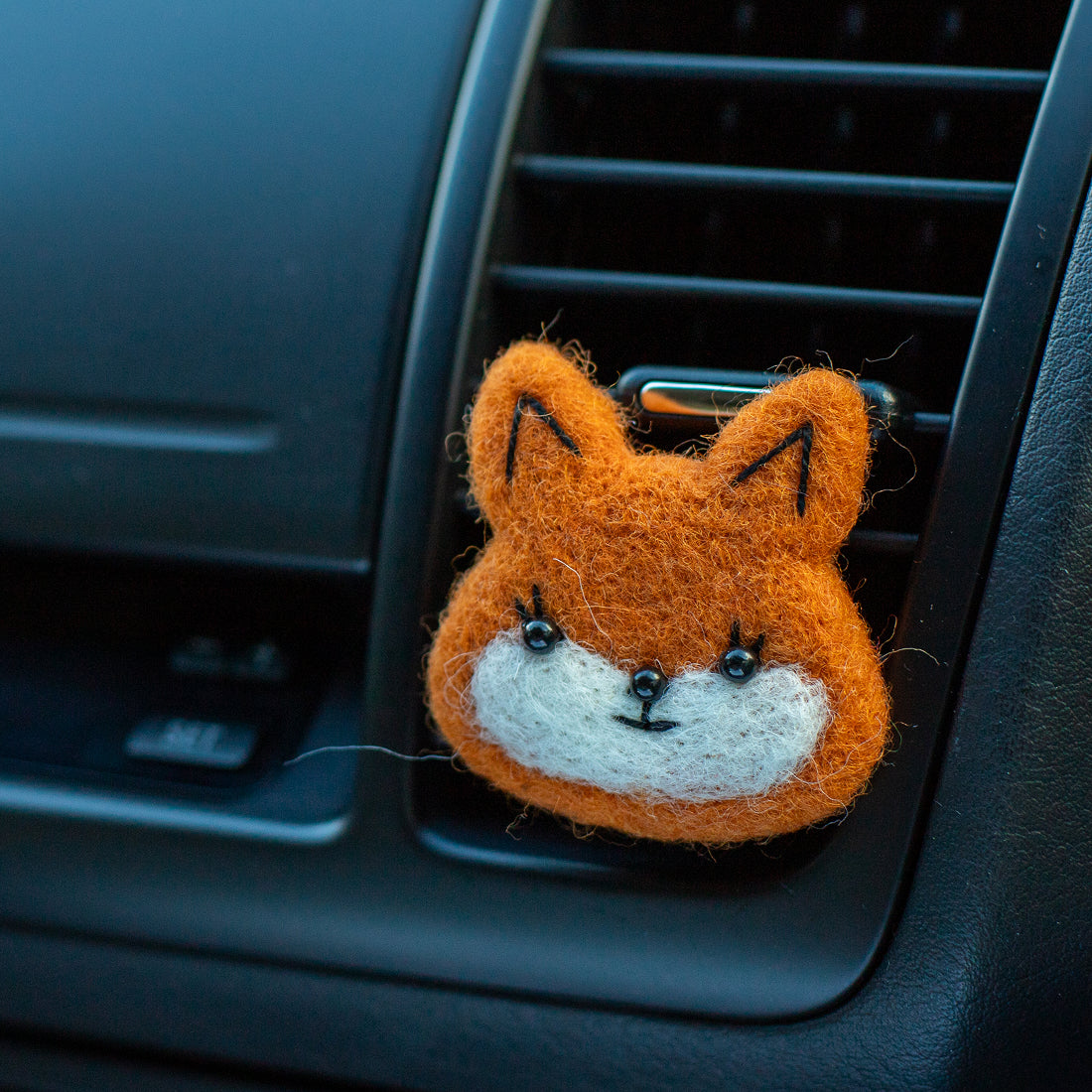 Car Air Vent Clip in the shape of fox head from soft wool felt, vehicle air fresheners. Gift for car owner. 