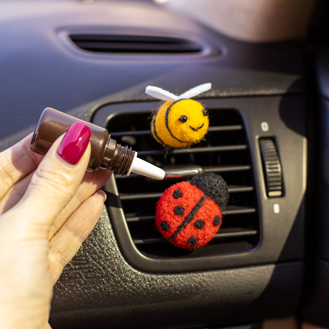 Car Air Vent Clip in the shape of Ladybug from soft wool felt, vehicle air fresheners. Gift for car owner. 