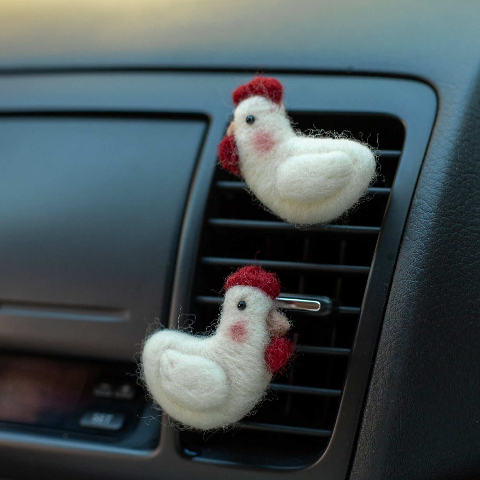 Car Air Vent Clip in the shape of Chicken from soft wool felt, vehicle air fresheners. Gift for car owner. 