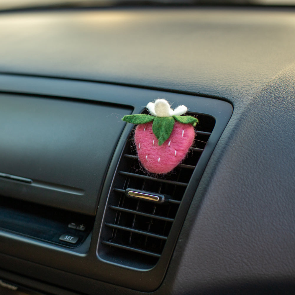 Car Air Vent Clip in the shape of Strawberry from soft wool felt, vehicle air fresheners. Gift for car owner. 