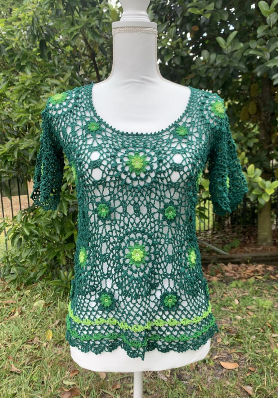 Handmade Irish Crochet Lace Top — Emerald Green with 3D Flower Motifs | Boho Crochet Blouse | Short Sleeve Lace Coverup