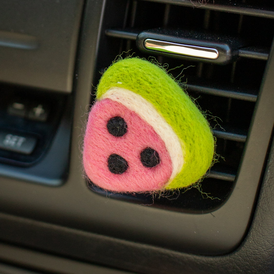 Car Air Vent Clip in the shape of Watermalon slice from soft wool felt, vehicle air fresheners. Gift for car owner. 